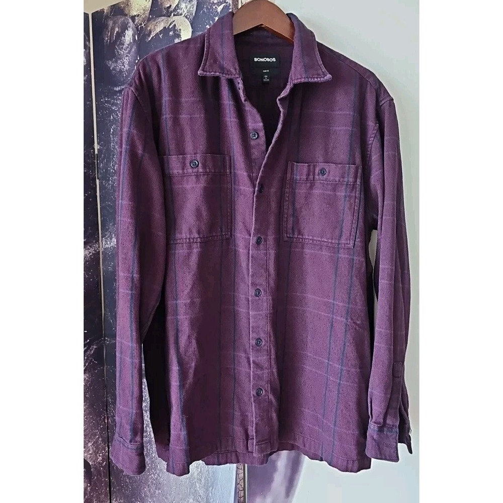BONOBOS Men's Purple Fleece Button Front Slim Fit Long Sleeve SHIRT XL Long